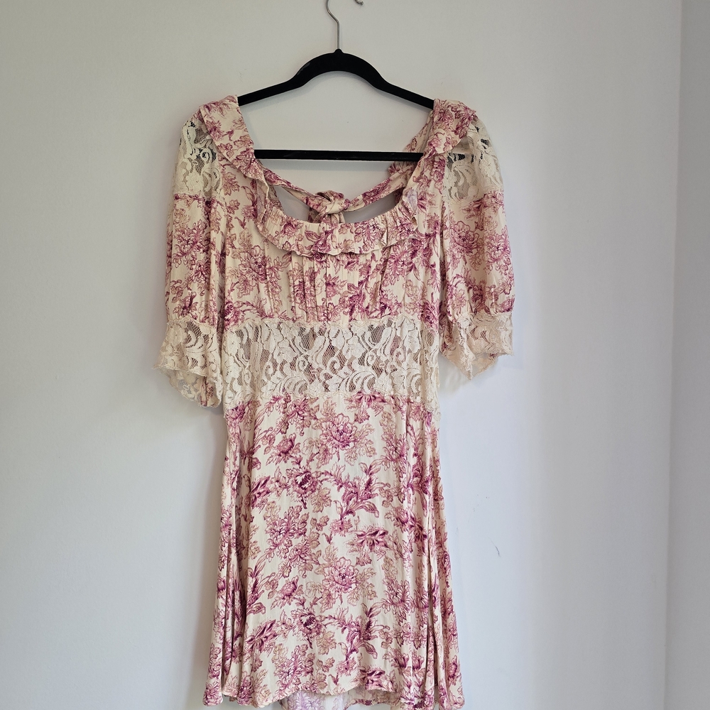 Free People Floral Lace Waist Mini Dress With Tie Back
